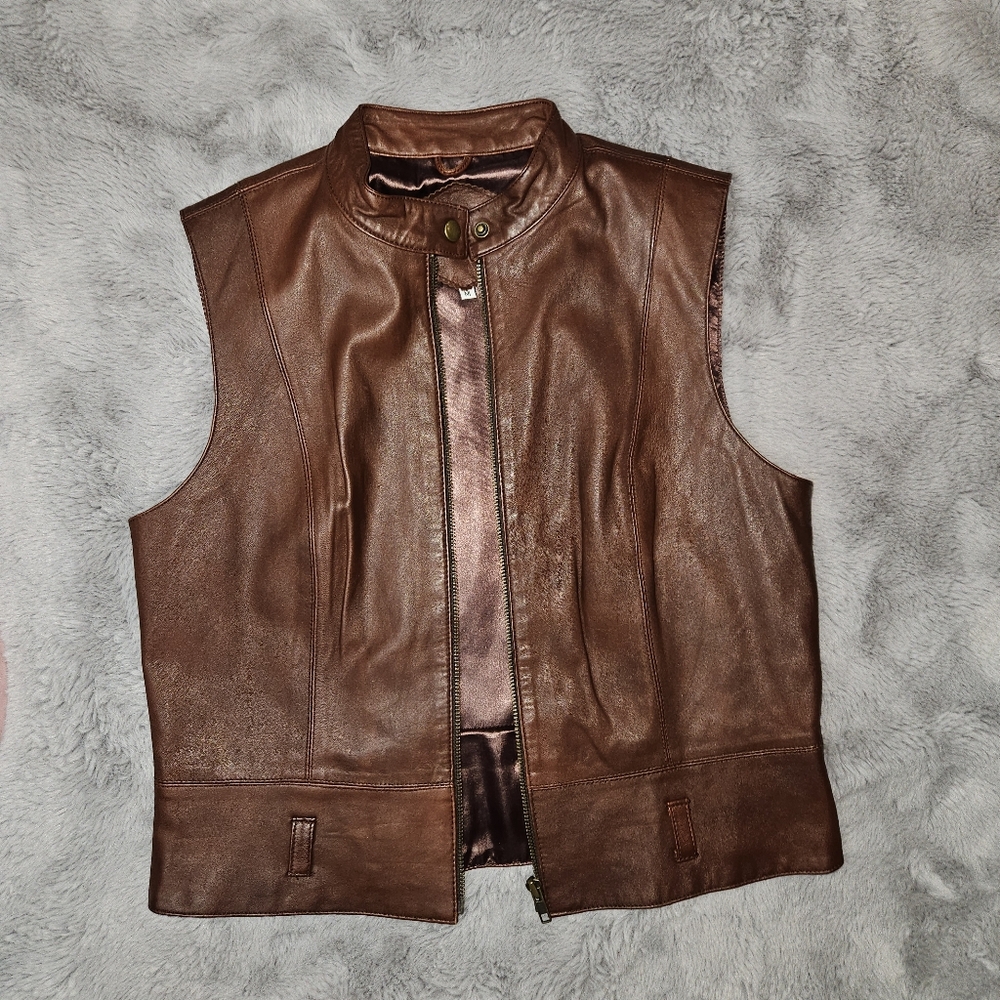 Cabi Leather Vest Women's Size Medium Brown Sleeveless Jacket Full Zip - Picture 3 of 11